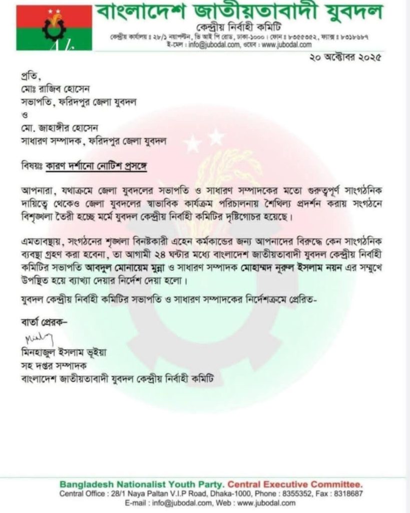 দল পরিচালনায় শৈথিল্য প্রদর্শনে বিশৃঙ্খলা তৈরীর অভিযোগে যুবদলের সভাপতি-সম্পাদককে শোকজ